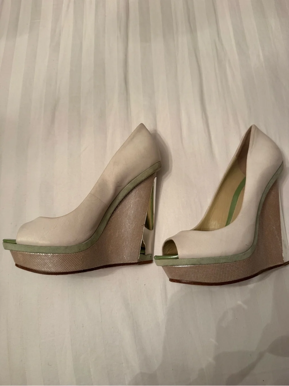 Brian Atwood Ivory Peep-Toe Wedges with Mint Trim